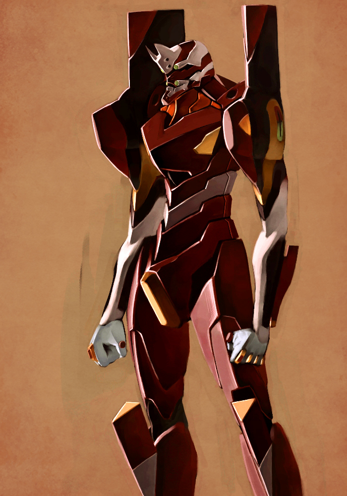 armor, arms_at_sides, bad_id, bad_pixiv_id, clenched_hands, cowboy_shot, eva_02, kaiyodo, mecha, mecha_focus, neon_genesis_evangelion, no_humans, orange_background, robot, shield, simple_background, solo, standing