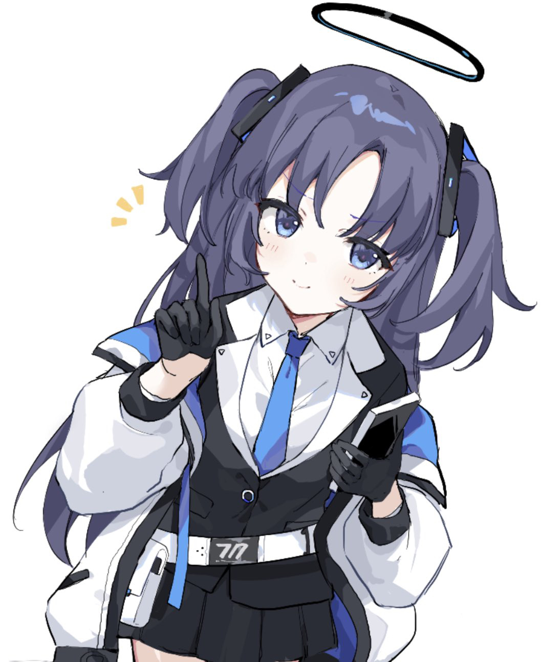 1girl, ao_(mintz), belt, black_gloves, black_skirt, black_suit, blue_archive, blue_eyes