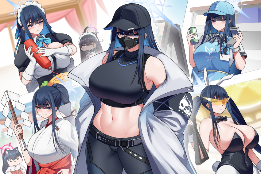 3girls, alternate_costume, bare_shoulders, baseball_cap, belt, black_belt, black_bow, black_bowtie, black_headwear, black_pants, black_shirt, blue_archive, blue_eyes, blue_hair, blue_headwear, bow, bowtie, breasts, cho!cho!, cleavage, commentary, cowboy_shot, crop_top, enmaided, gloves, gohei, hat, highres, holding, japanese_clothes, karin_(blue_archive), large_breasts, leggings, leotard, long_hair, looking_at_viewer, maid, maid_headdress, mask, midriff, miko, mouth_mask, multiple_girls, multiple_views, navel, off_shoulder, pants, playboy_bunny, revision, saori_(blue_archive), serika_(blue_archive), serika_(new_year)_(blue_archive), shirt, sidelocks, sleeveless, sleeveless_shirt, standing, stomach, strapless, strapless_leotard, very_long_hair, white_gloves