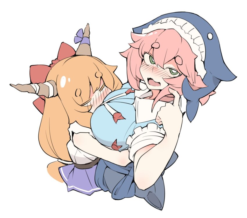 2girls, animal_hat, animal_print, apron, blue_headwear, blush, bow, breasts