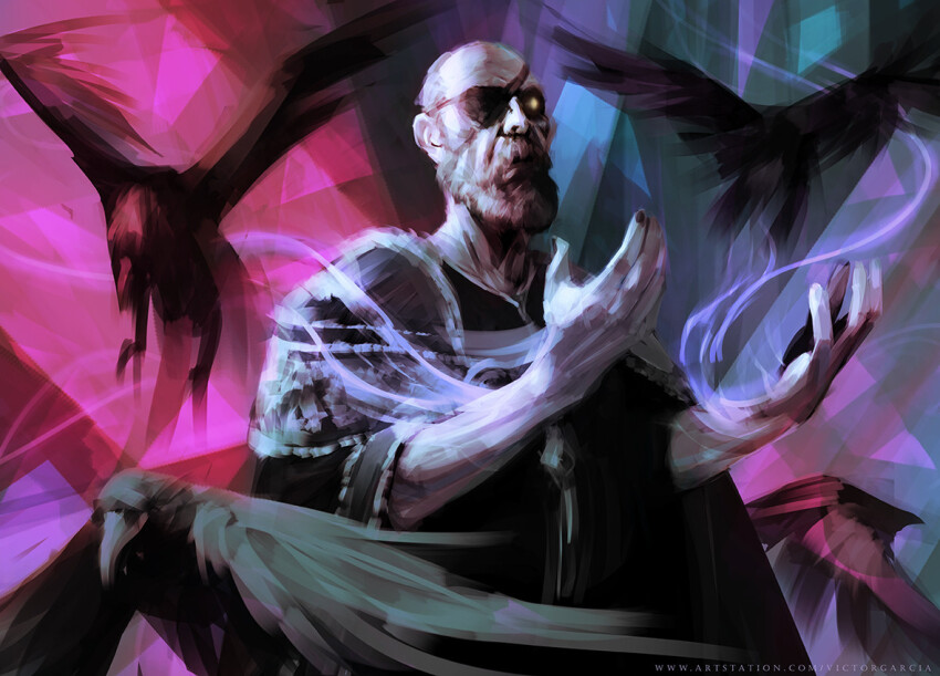 1boy, arms_up, artstation_username, balding, beard, bird, crow, eyepatch