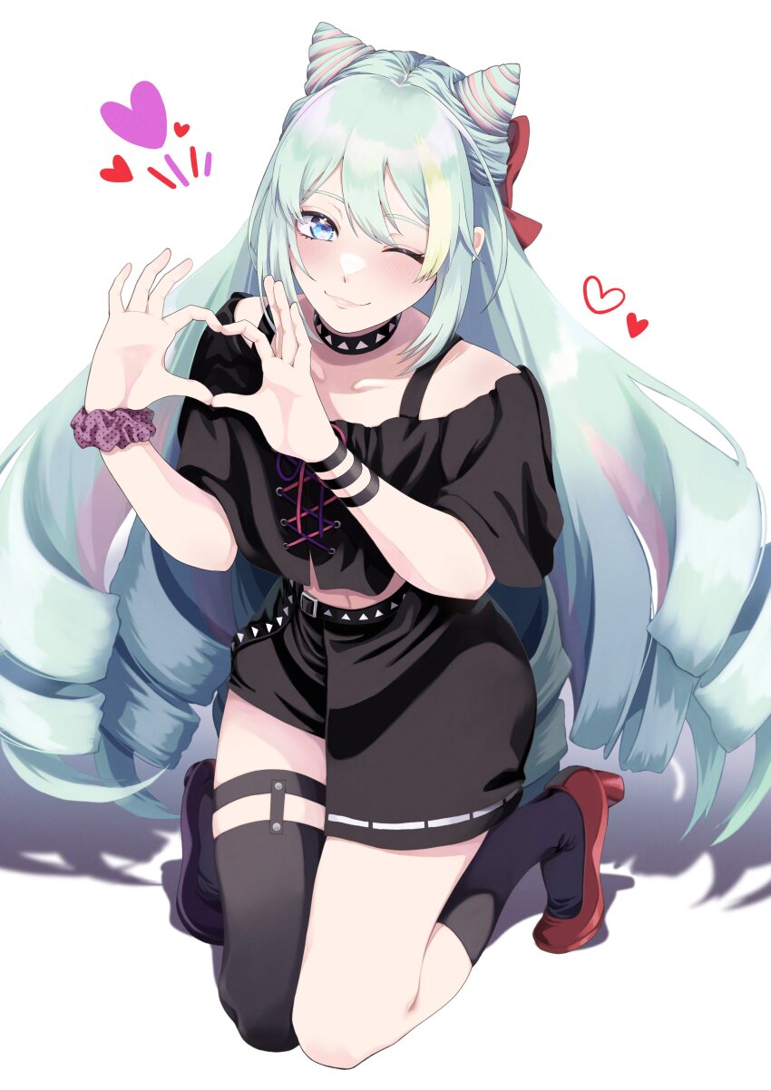 1boy, absurdres, black_shirt, blue_eyes, commission, cone_hair_bun, crop_top, drill_hair, fire_emblem, fire_emblem_engage, fuku_dan, hair_between_eyes, hair_bun, heart, heart_hands, high_heels, highres, male_focus, midriff, multicolored_hair, nintendo, rosado_(fire_emblem), shirt, skeb_commission, trap