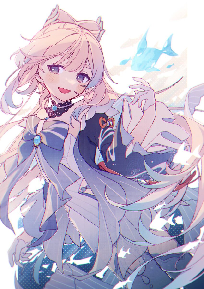 1girl, anetu_u107, blue_hair, blush, bow, bow-shaped_hair, breasts, collar, colored_tips, detached_collar, dress, fish, frilled_collar, frilled_sleeves, frills, genshin_impact, gloves, half_gloves, highres, multicolored_hair, pink_hair, ponytail, purple_eyes, sangonomiya_kokomi, shorts, small_breasts, solo, thighhighs, white_gloves, white_shorts