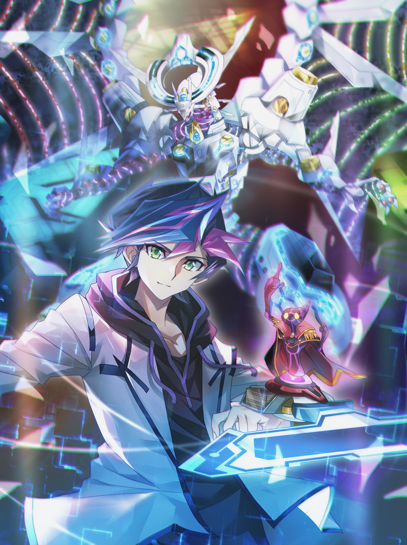 1boy, ai_(yu-gi-oh!), alternate_costume, blue_hair, cowboy_hat, dragon, duel_disk, duel_monster