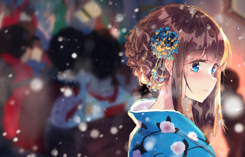 1girl, blue_dress, blue_eyes, brown_hair, closed_mouth, dress, festival, from_side