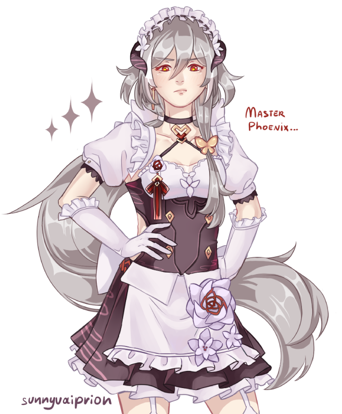 1girl, alternate_costume, apron, artist_name, black_dress, black_hair, closed_mouth, commentary