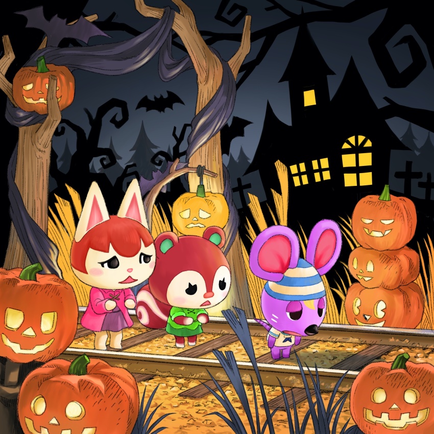1boy, 2girls, absurdres, animal_crossing, bandana, bare_tree, bat_(animal), black_eyes