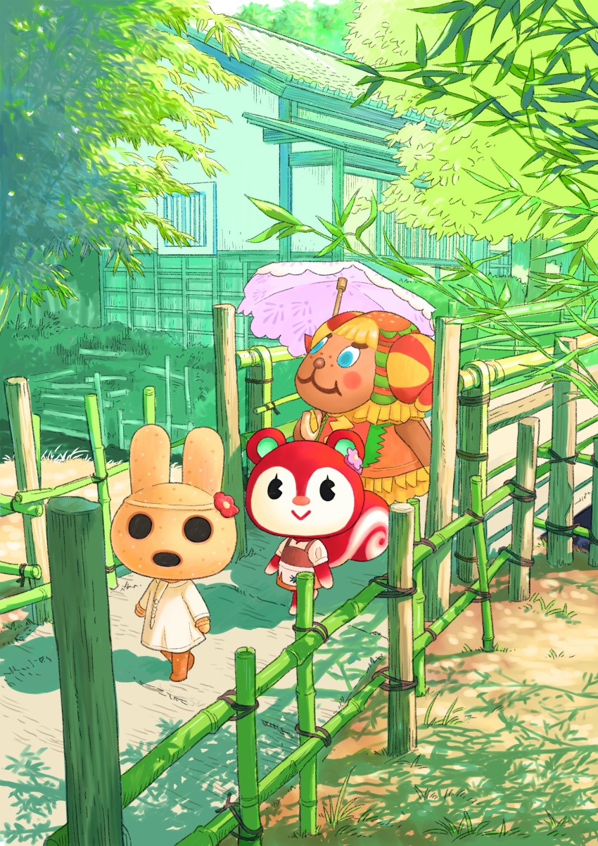 3girls, :>, absurdres, animal_crossing, apron, architecture, bamboo, bamboo_fence, blue_eyes, blush, blush_stickers, bush, closed_mouth, coco_(animal_crossing), commentary_request, curled_horns, day, east_asian_architecture, fence, frita_(animal_crossing), furry, furry_female, grass, highres, holding, holding_umbrella, horns, house, looking_at_viewer, multiple_girls, nintendo, outdoors, parasol, path, pink_umbrella, poppy_(animal_crossing), rabbit_girl, road, senrotou, shadow, sheep_girl, shirt, smile, squirrel_girl, tree, umbrella, waist_apron, white_apron, white_shirt