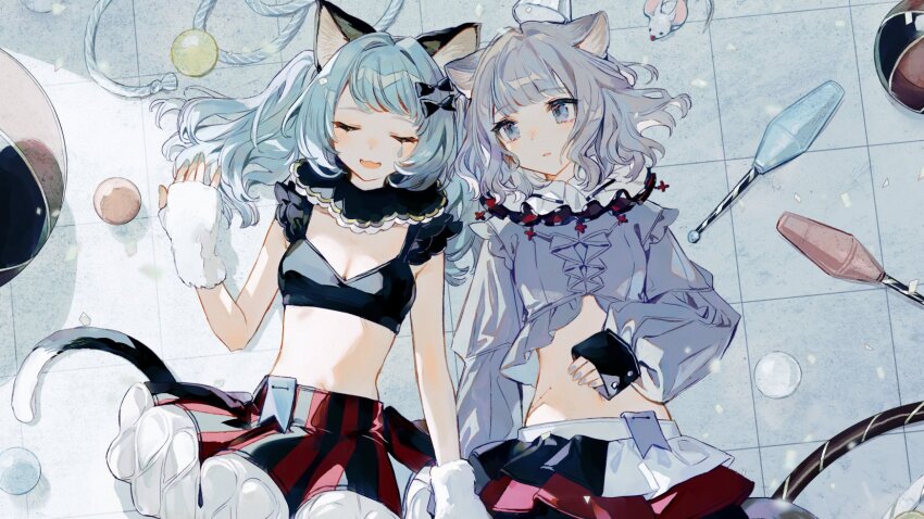 2girls, :3, animal_ear_fluff, animal_ears, ball, bare_arms, black_bow, black_collar