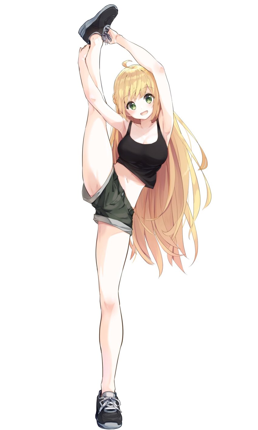 1girl, :d, ahoge, armpits, arms_up, bare_arms, bare_legs, black_shoes, black_tank_top, blonde_hair, braid, breasts, commentary, crown_braid, full_body, green_eyes, green_shorts, highres, holding_own_foot, indie_virtual_youtuber, kneepits, large_breasts, leg_up, long_hair, looking_at_viewer, midriff, miyadi_(youtuber), navel, open_mouth, original, rb2, shoelaces, shoes, short_shorts, shorts, simple_background, smile, solo, split, standing, standing_on_one_leg, standing_split, tank_top, very_long_hair, virtual_youtuber, white_background