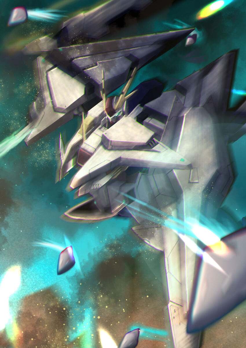 absurdres, energy_sword, commentary, exhaust, flying, funnels_(gundam), green_eyes, gundam