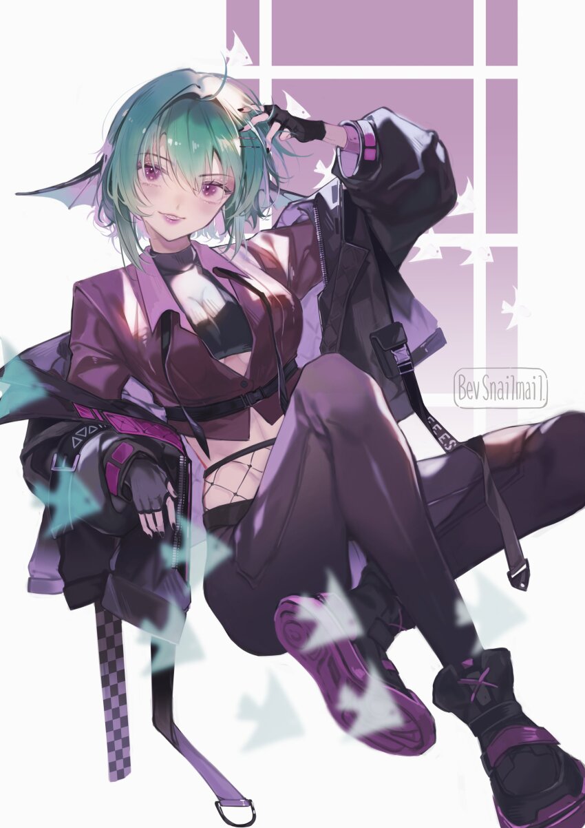 1girl, absurdres, alternate_breast_size, belt, bevsnailmail, black_belt, black_gloves, black_jacket