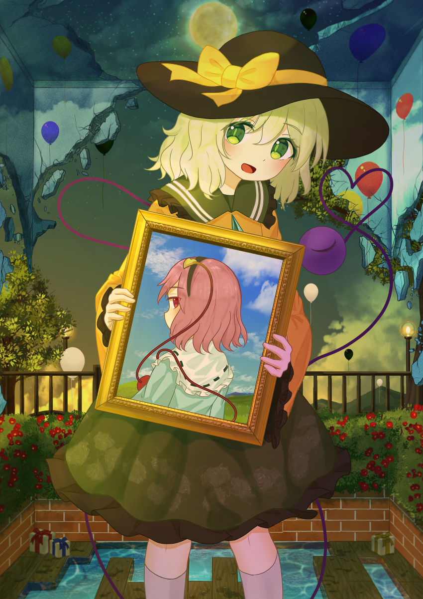 1girl, :d, absurdres, balloon, black_hairband, black_headwear, blouse, blue_shirt