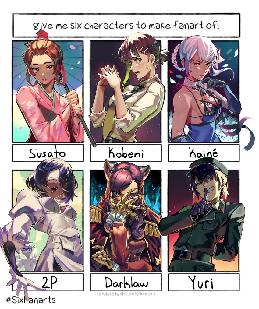 1boy, 2p_(nier:automata), 5girls, absurdres, ace_attorney, arm_behind_back, bare_shoulders, barley_juice