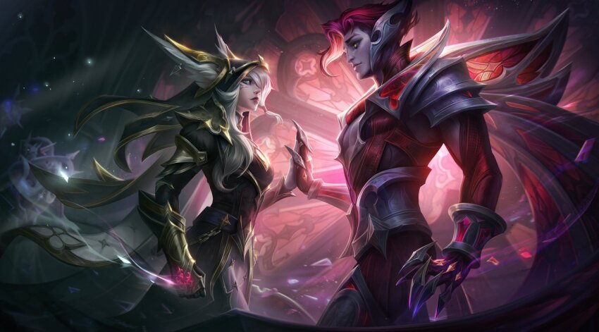 1boy, 1girl, 1other, animal_ears, armor, belt, black_belt, black_coat, breasts, broken_covenant_rakan, broken_covenant_xayah, claws, closed_mouth, coat, couple, earrings, ears_through_headwear, eye_contact, from_side, gauntlets, glowing, glowing_eyes, highres, indoors, jewelry, large_breasts, league_of_legends, light, long_hair, long_sleeves, looking_at_another, looking_back, muscular, muscular_male, odeko_yma, palms_together, rakan_(league_of_legends), red_hair, sentinel_(league_of_legends), short_hair, staff, white_hair, window, xayah