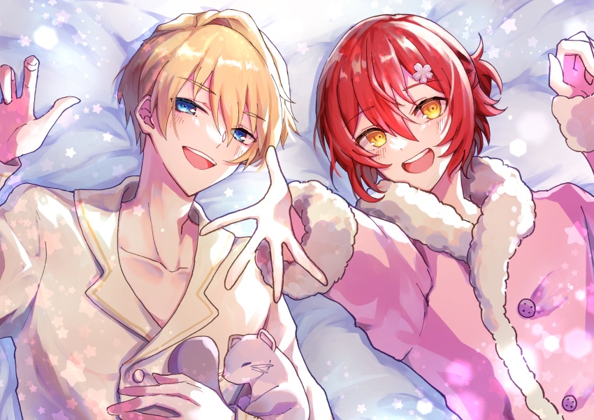 0_sakana_san, 2boys, :d, absurdres, animal, animal_hug, beckoning, blonde_hair