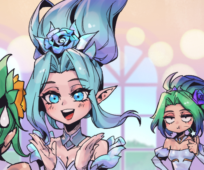 3girls, :d, akali, bare_shoulders, breasts, cleavage, collarbone, crystal_rose_akali, crystal_rose_janna, crystal_rose_riven, detached_sleeves, flower, green_eyes, green_flower, green_hair, hair_flower, hair_ornament, janna_(league_of_legends), juliet_sleeves, large_breasts, league_of_legends, long_hair, long_sleeves, looking_at_another, multiple_girls, open_mouth, orange_flower, parted_hair, phantom_cross, pointy_ears, portrait, pout, puffy_sleeves, purple_flower, riven_(league_of_legends), smile, star_(symbol), teeth, upper_teeth_only, window