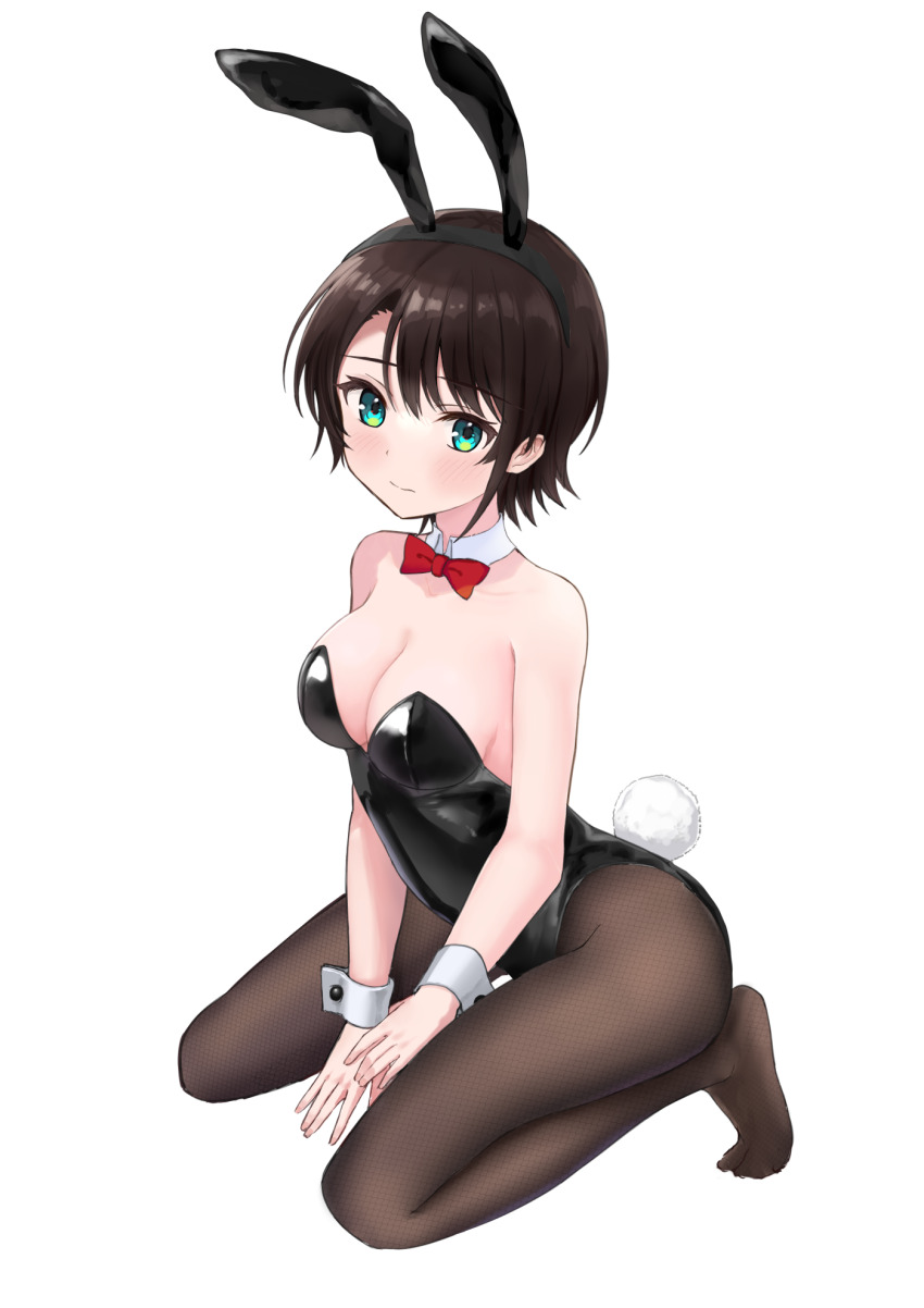 1girl, animal_ears, aqua_eyes, black_hair, black_leotard, blush, breasts, cleavage, detached_collar, emyu_b, fake_animal_ears, fake_tail, feet, high_heels, highleg, highleg_leotard, highres, hololive, large_breasts, leotard, looking_at_viewer, oozora_subaru, pantyhose, playboy_bunny, rabbit_ears, rabbit_tail, short_hair, side-tie_leotard, solo, strapless, strapless_leotard, tail, virtual_youtuber, white_background, wrist_cuffs