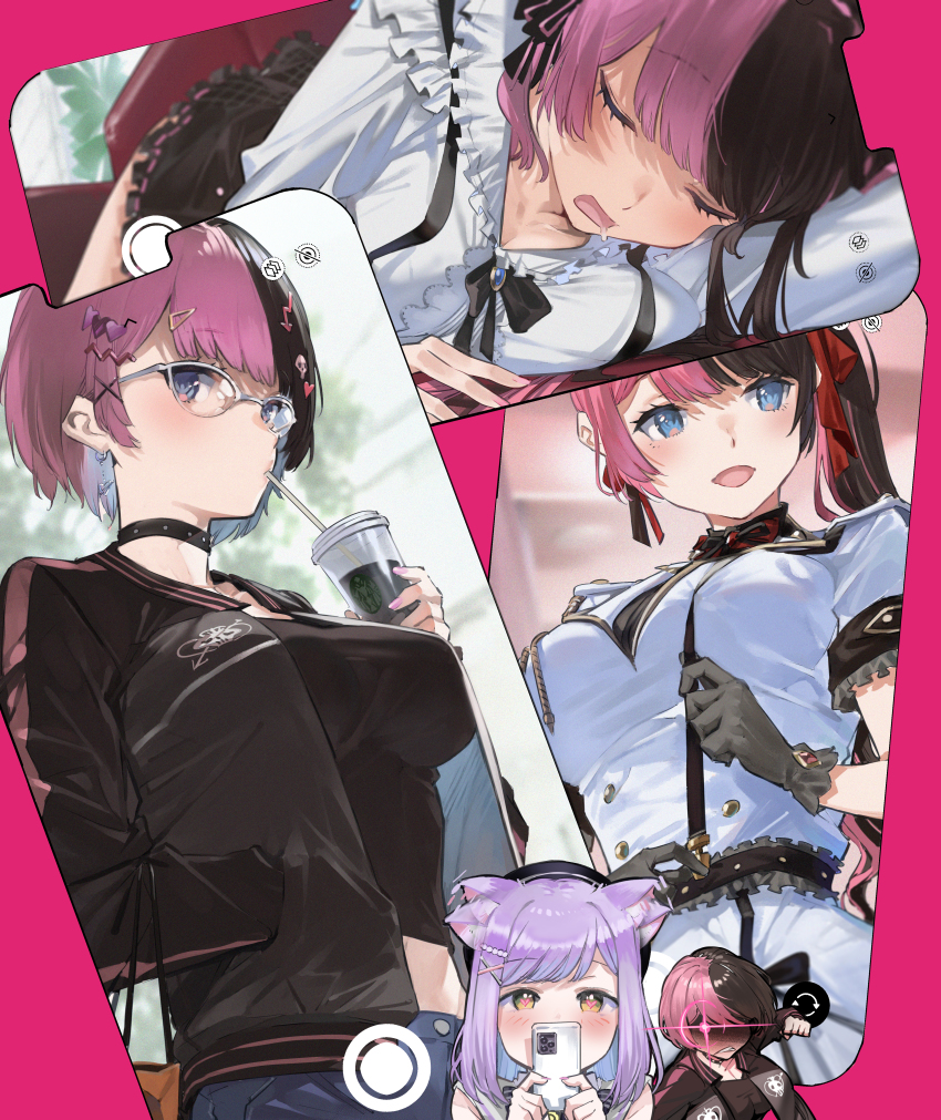 2girls, absurdres, angry, animal_ears, black_choker, black_hair, black_headwear, black_jacket, black_ribbon, black_shirt, black_skirt, blue_eyes, blue_pants, blush, breast_press, breasts, cat_ears, cellphone, choker, cleavage, couch, cup, disposable_cup, drink, drinking, drinking_straw, drinking_straw_in_mouth, drooling, ear_wiggle, earrings, fake_phone_screenshot, fake_screenshot, female_pervert, frilled_sleeves, frills, ga/ddd, glasses, glowing, glowing_eye, hair_ornament, hair_ribbon, hairclip, hat, heart, heart-shaped_pupils, heart_hair_ornament, highres, holding, holding_cup, idol, incoming_attack, incoming_punch, jacket, jewelry, large_breasts, long_hair, long_sleeves, lying, midriff, miniskirt, multicolored_hair, multiple_girls, multiple_views, navel, official_alternate_costume, on_side, open_clothes, open_jacket, pants, pervert, phone, pink_hair, punching, purple_hair, red_ribbon, ribbon, sailor_hat, shinomiya_runa, shinomiya_runa_(2nd_costume), shirt, short_hair, short_sleeves, skirt, sleeping, smartphone, smile, split-color_hair, standing, suspender_skirt, suspenders, swept_bangs, symbol-shaped_pupils, tachibana_hinano_(1st_costume), tachibana_hinano_(2nd_costume), tachibana_hinano_(3rd_costume), tachibana_hinano, two-tone_hair, virtual_youtuber, vspo!, white_jacket, white_shirt, x_hair_ornament, yellow_eyes