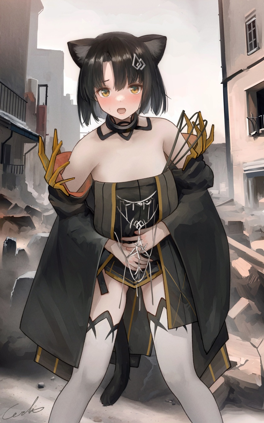 1girl, absurdres, animal_ears, arknights, bare_shoulders, black_coat, black_dress, black_hair