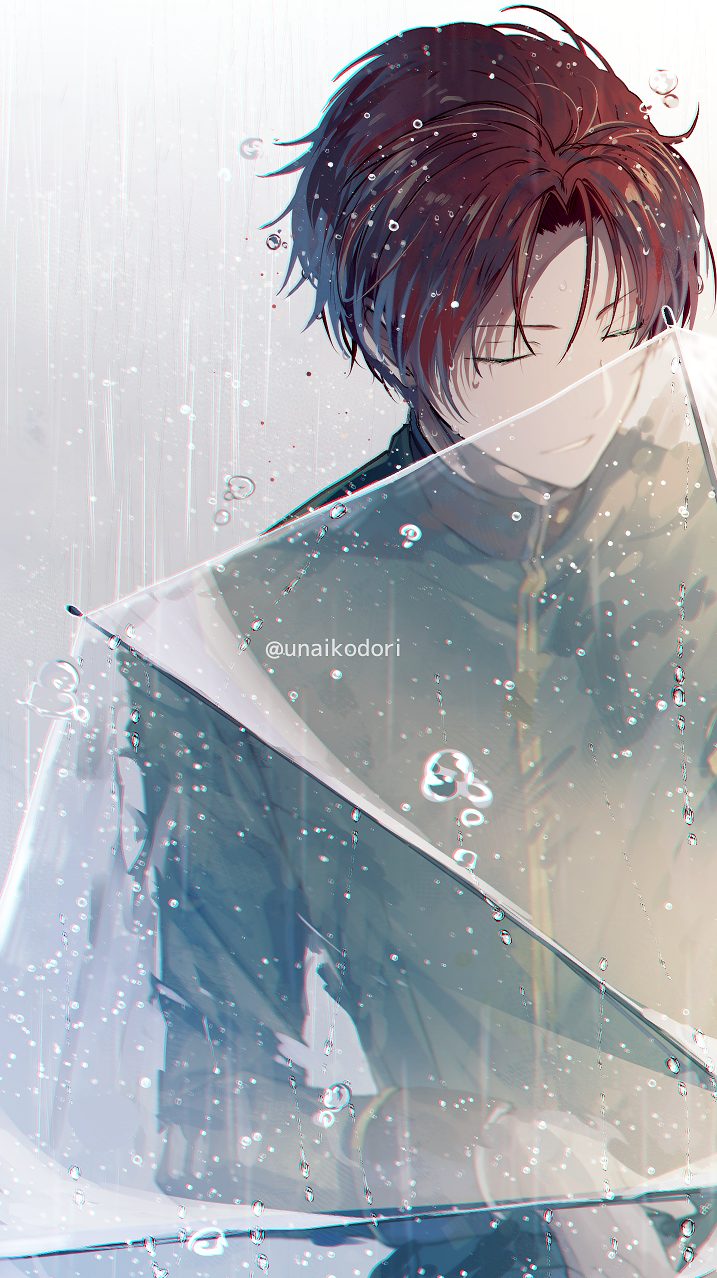 1boy, black_jacket, black_pants, closed_eyes, highres, holding, holding_umbrella, idolmaster