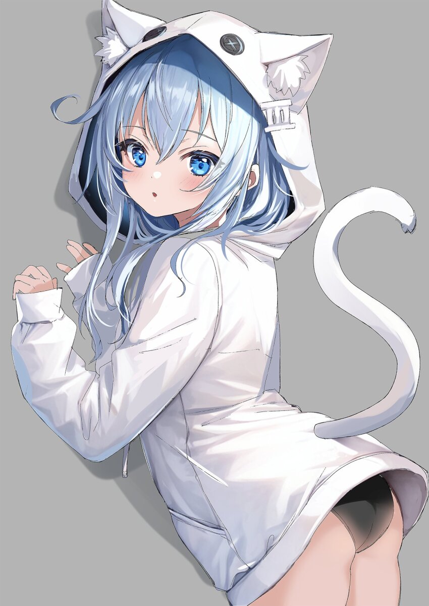 1girl, animal_ears, ass, black_panties, blue_eyes, blush, cat_ears, cat_tail