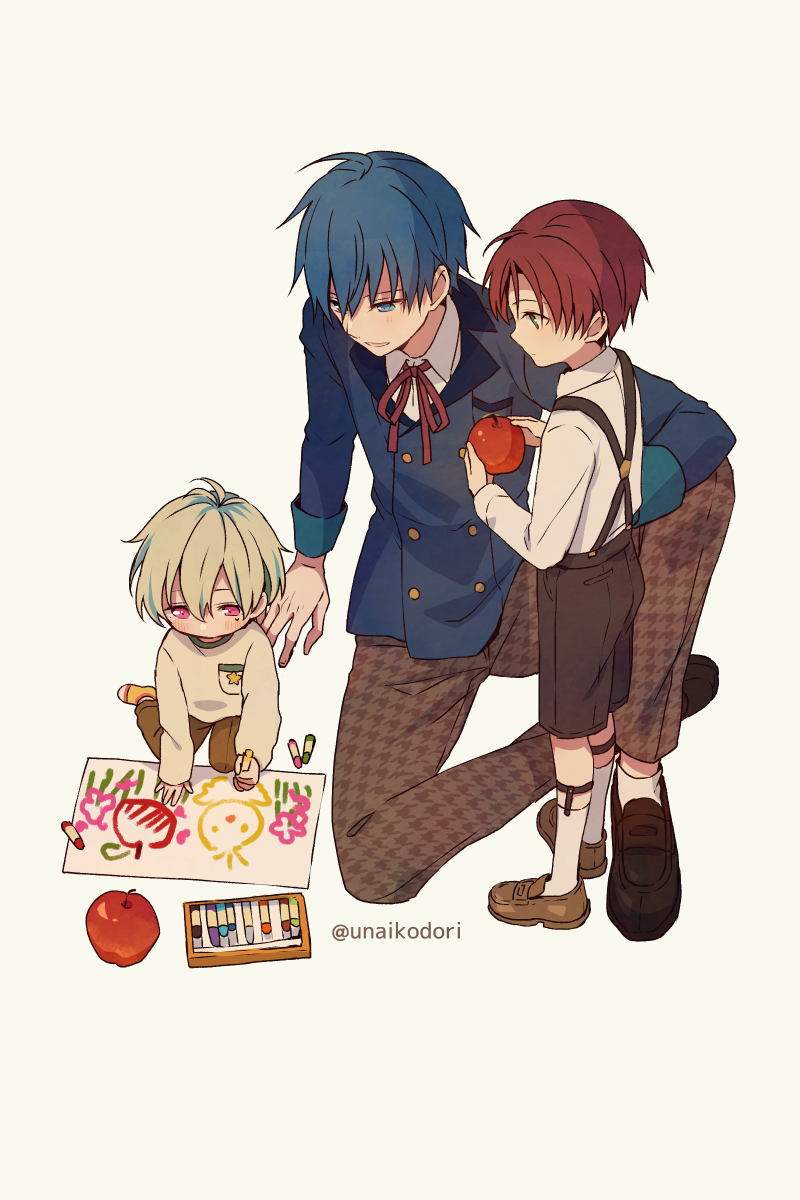 3boys, aged_down, amamine_shu, apple, blue_eyes, blue_hair, c.first_(idolmaster), child