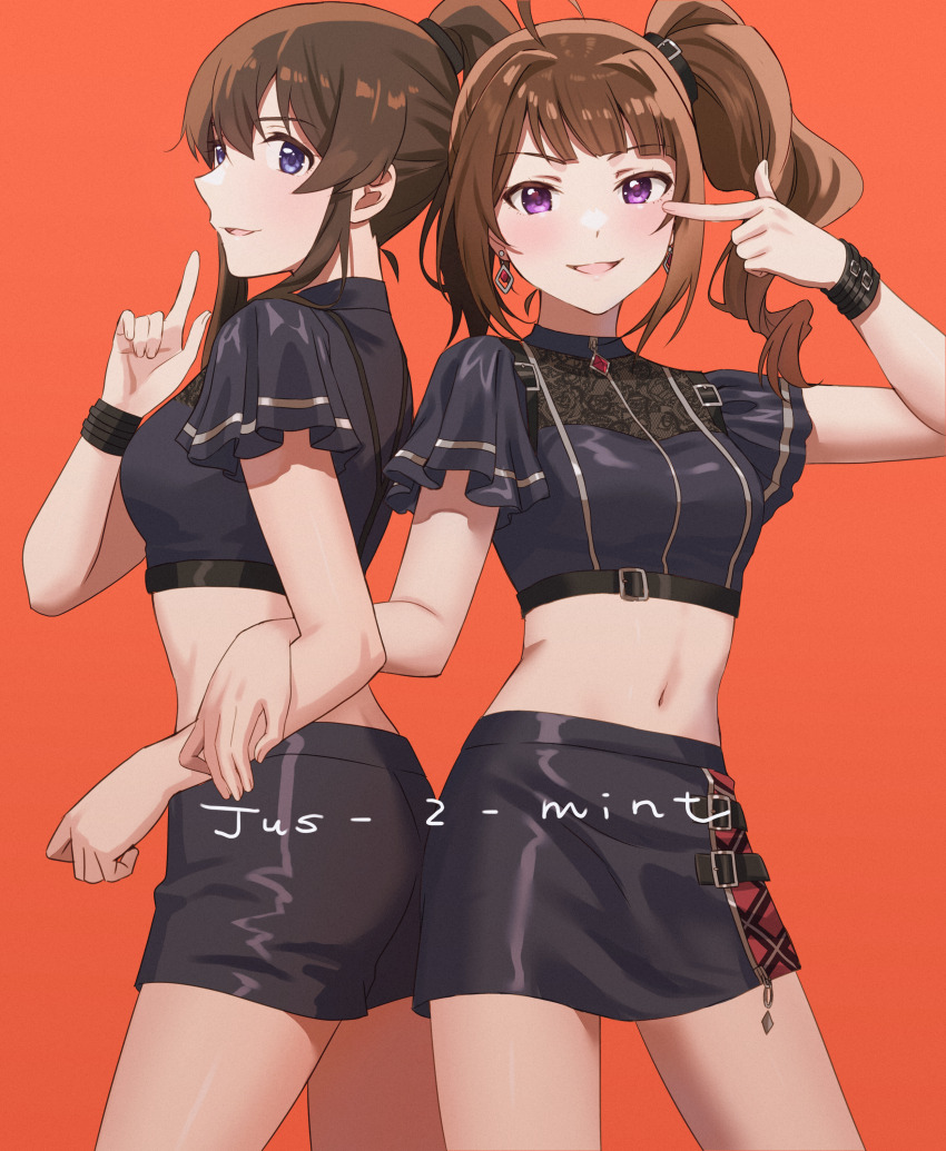 2girls, :d, absurdres, black_shirt, black_skirt, blue_eyes, blunt_bangs, breasts, brown_hair, commentary_request, cowboy_shot, crop_top, emu_(emum), hair_between_eyes, high_side_ponytail, highres, idolmaster, idolmaster_million_live!, idolmaster_million_live!_theater_days, index_finger_raised, jus-2-mint, long_hair, looking_at_viewer, midriff, multiple_girls, navel, open_mouth, orange_background, pencil_skirt, pointing, ponytail, purple_eyes, satake_minako, shirt, side_ponytail, simple_background, skirt, small_breasts, smile, standing, stomach, thighs, yokoyama_nao