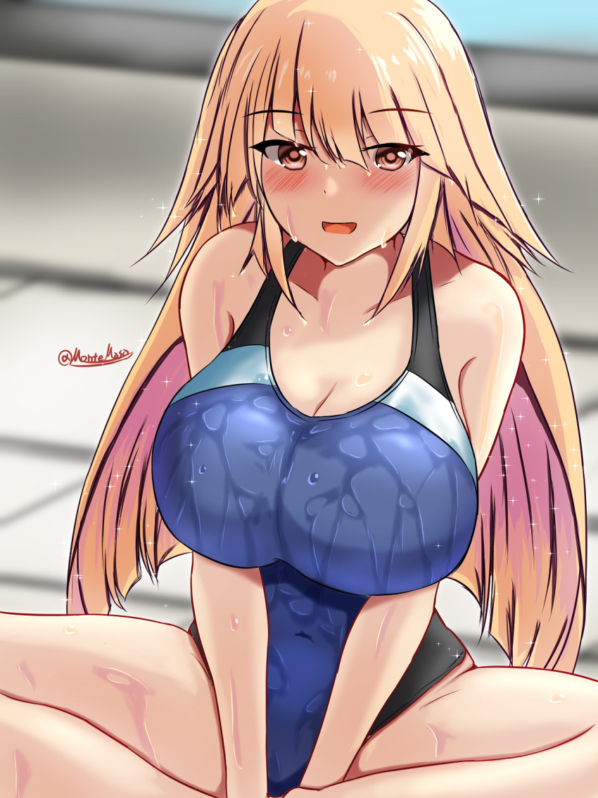 1girl, alternate_costume, black_one-piece_swimsuit, blonde_hair, blue_one-piece_swimsuit, blush, breasts, brooklyn_(kancolle)