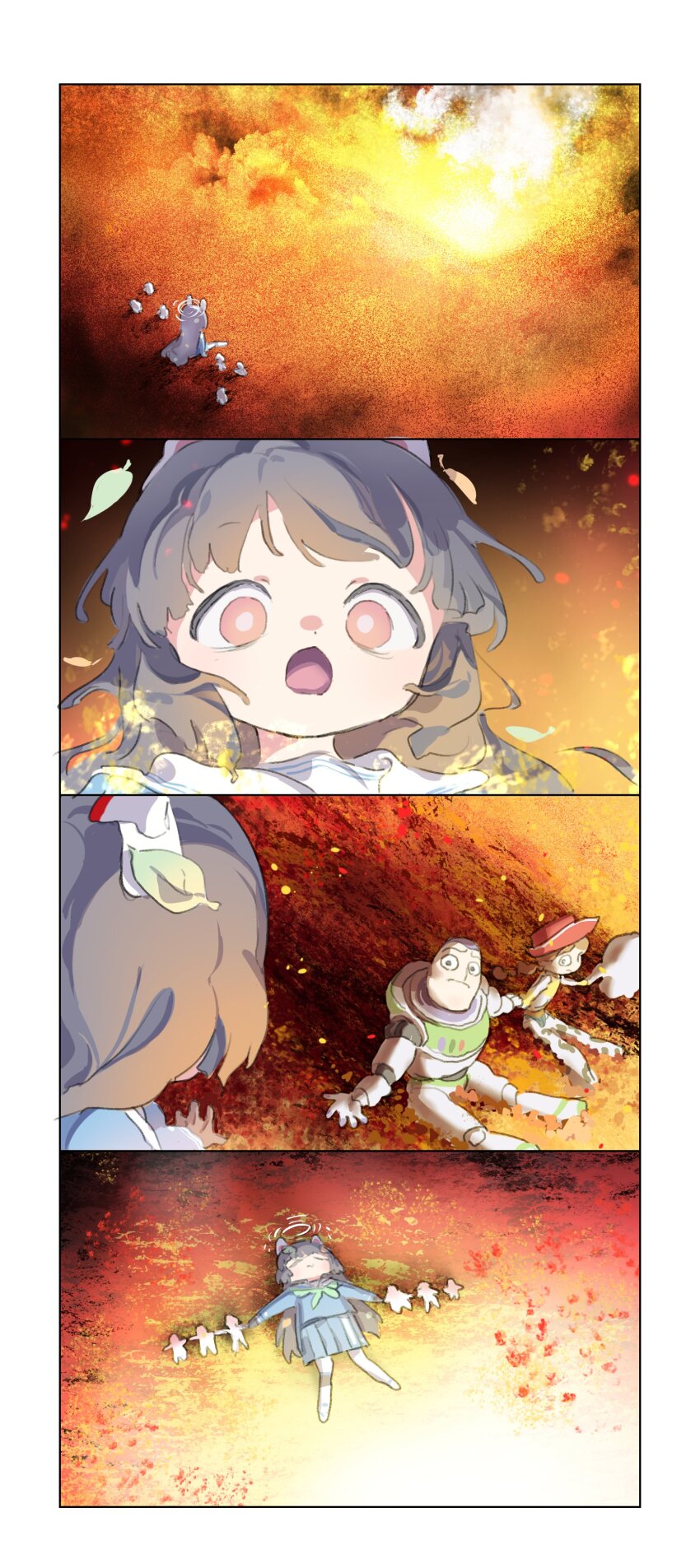 1boy, 2girls, 4koma, 4others, absurdres, animal_ears, art_shift, black_hair, blue_archive, blunt_bangs, buzz_lightyear, comic, commentary_request, cowgirl_(western), crossover, fake_animal_ears, fire, halo, highres, holding_hands, incinerator, jessie_the_yodeling_cowgirl, leaf, leaf_on_head, long_hair, long_sleeves, lying, miyu_(blue_archive), multiple_boys, multiple_girls, multiple_others, on_back, oshake, pantyhose, parody, pleated_skirt, rabbit_ears, red_eyes, scene_reference, school_uniform, serafuku, sidelocks, silent_comic, sitting, size_difference, skirt, surprised, toy, toy_story, toy_story_3, trash, white_pantyhose