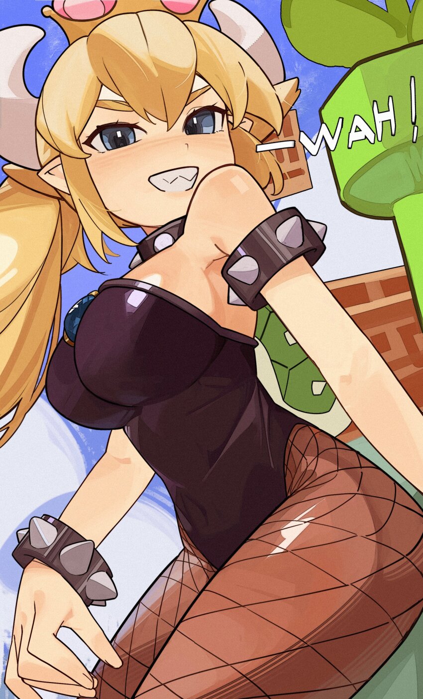 1girl, absurdres, armlet, black_collar, black_leotard, blonde_hair, blue_eyes, bowsette, bracelet, breasts, cleavage, collar, fishnet_pantyhose, fishnets, grin, highleg, highleg_leotard, highres, horns, jewelry, large_breasts, leotard, long_hair, mario_(series), new_super_mario_bros._u_deluxe, nintendo, pantyhose, pointy_ears, ponytail, sharp_teeth, smile, spiked_armlet, spiked_bracelet, spiked_collar, spiked_shell, spikes, strapless, super_crown, teeth, turtle_shell, vergil_mon, warp_pipe