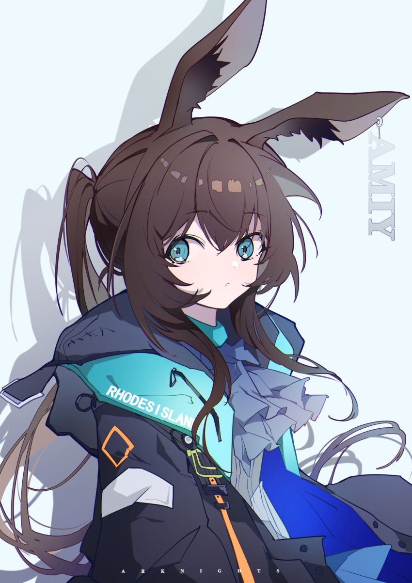1girl, amiya_(arknights), animal_ear_fluff, animal_ears, arknights, ascot, black_jacket, blue_ascot, blue_background, blue_eyes, brown_hair, character_name, closed_mouth, commentary_request, copyright_name, ear_piercing, hair_between_eyes, highres, hood, hood_down, hooded_jacket, huazihuazihz, jacket, long_hair, looking_at_viewer, open_clothes, open_jacket, piercing, rabbit_ears, shirt, simple_background, solo, upper_body, very_long_hair, white_shirt