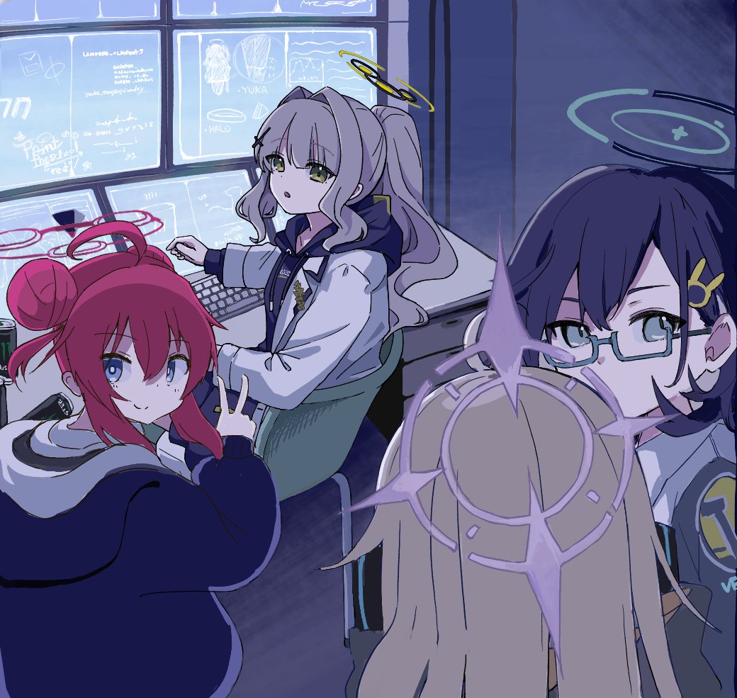 ahoge, almira_valkyrie, aqua-framed_eyewear, black_hair, black_hoodie, blue-framed_eyewear, blue_archive, blue_cardigan