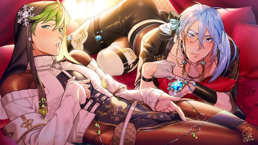 2boys, black_pants, blue_eyes, blue_hair, bulge, chest_harness, commentary, edmond_(elite_instructor)_(nu_carnival), edmond_(nu_carnival), english_commentary, gem, gloves, green_eyes, green_hair, habit, harness, highres, light_blue_hair, lying, male_focus, moisama, monocle, multiple_boys, nu_carnival, nun_headdress, official_art, olivine_(frosted_virtue)_(nu_carnival), olivine_(nu_carnival), on_back, pants, priest, turtleneck, white_gloves