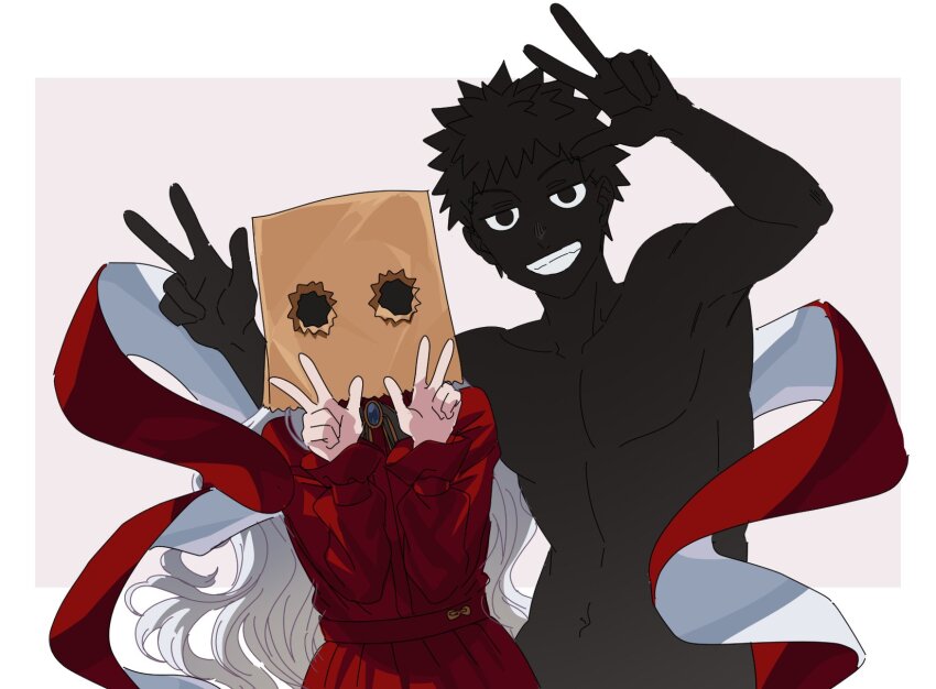 1boy, 1girl, angra_mainyu_(fate), applechoc, bag, bag_over_head, black_bow, bow