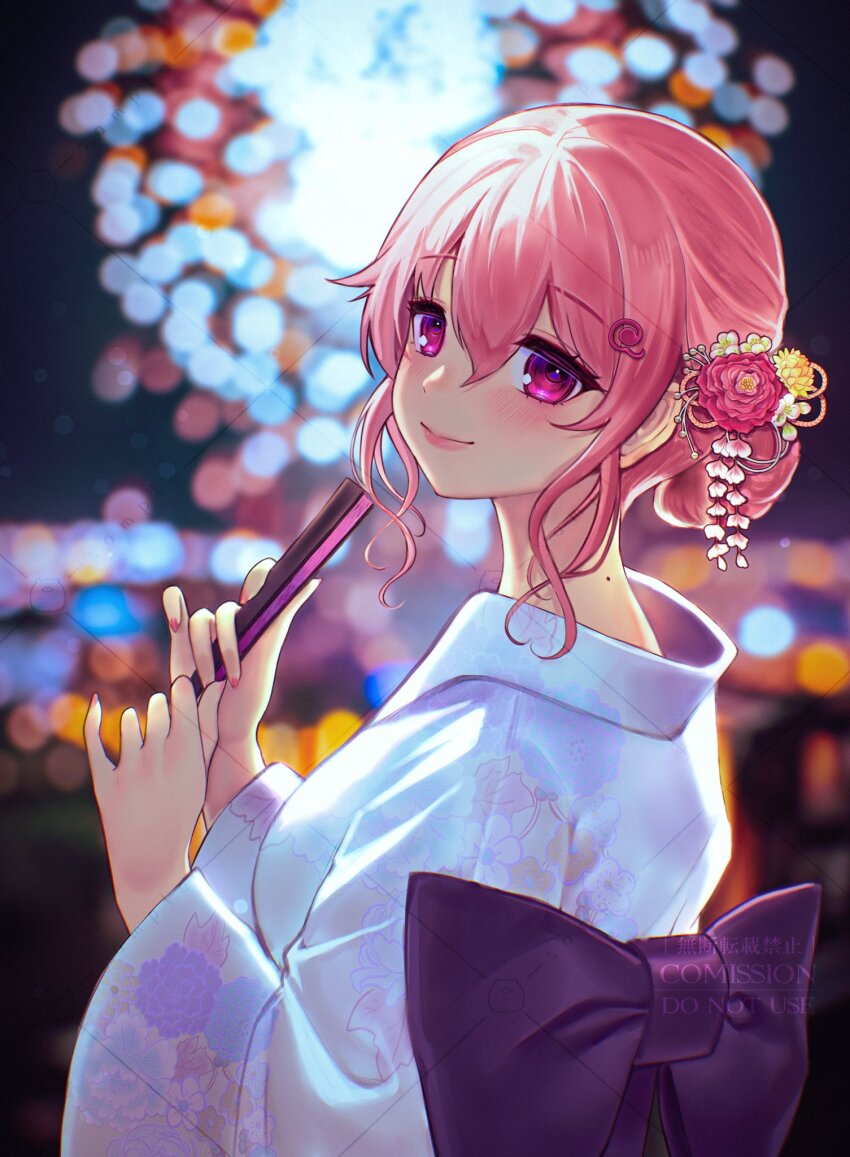 1girl, alternate_costume, alternate_hairstyle, blurry, blurry_background, blush, bokeh, bow, breasts, commission, depth_of_field, fireworks, floral_print, flower, from_side, hair_between_eyes, hair_ornament, hand_fan, hands_up, highres, holding, holding_fan, japanese_clothes, kimono, light_smile, lips, medium_breasts, nail_polish, night, pink_flower, pink_hair, purple_bow, purple_eyes, qiu_ju, ranunculus, saigyouji_yuyuko, sash, sky, solo, touhou, watermark, yukata