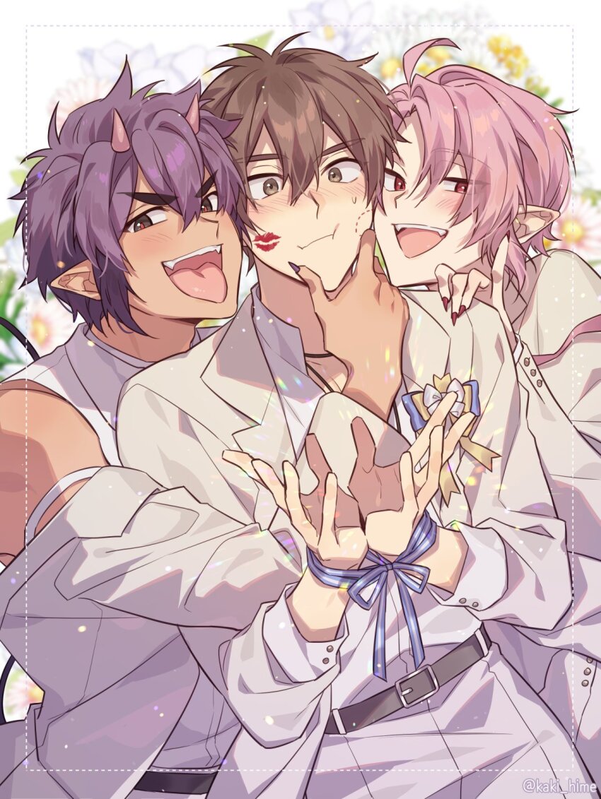 3boys, androgynous, aster_(nu_carnival), bite_mark, black_eyes, blush, bound, bound_wrists, brown_eyes, brown_hair, demon_boy, eiden_(1st_anniversary)_(nu_carnival), eiden_(nu_carnival), formal_clothes, hair_between_eyes, highres, horns, kaki_hime, lipstick_mark, lipstick_mark_on_face, male_focus, morvay_(nu_carnival), multiple_boys, nu_carnival, open_mouth, pink_eyes, pink_hair, pointy_ears, purple_hair, red_horns, red_nails, suit, tongue, tongue_out, white_suit, yaoi