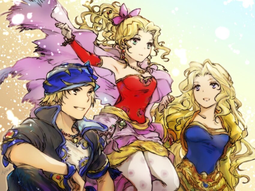 1boy, 2girls, bandana, blonde_hair, blue_eyes, blue_shirt, celes_chere, dress