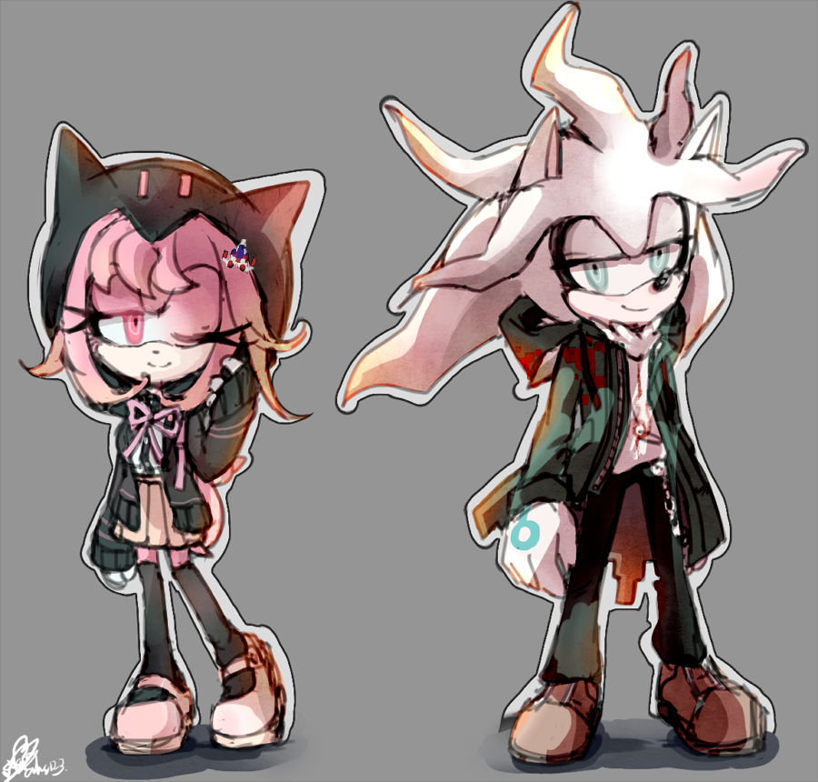 1boy, 1girl, amy_rose, animal_hood, closed_mouth, cosplay, crossover, danganronpa_(series)