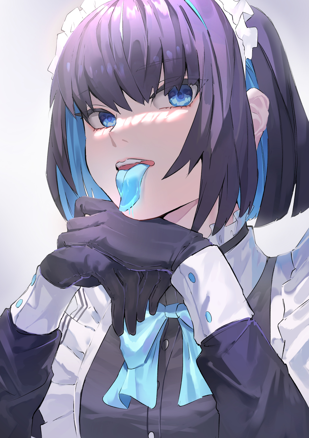 1girl, black_gloves, black_hair, blue_bow, blue_bowtie, blue_hair, blue_tongue, bow, bowtie, colored_tongue, gloves, highres, long_sleeves, looking_at_viewer, maid, maid_headdress, metaru, multicolored_hair, open_mouth, original, own_hands_together, short_hair, solo, tongue, two-tone_hair, upper_body