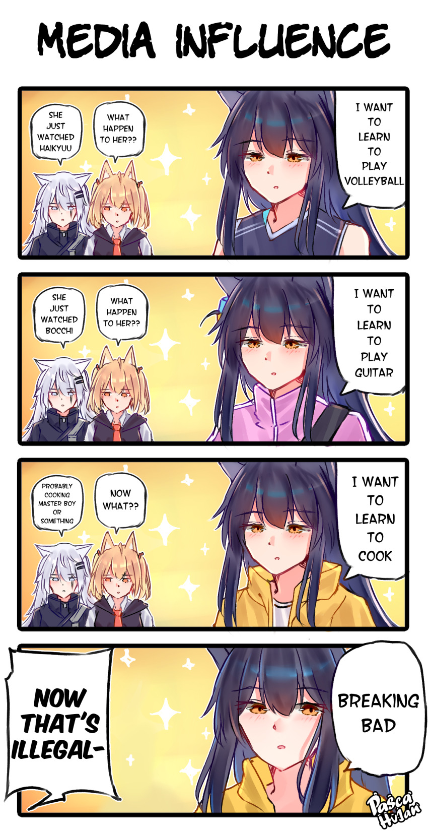 3girls, 4koma, absurdres, animal_ears, arknights, artist_name, bare_shoulders, black_hair, blonde_hair, blush, bocchi_the_rock!, breaking_bad, comic, cosplay, english_text, gotoh_hitori_(cosplay), gotoh_hitori, grey_eyes, grey_hair, haikyuu!!, high_collar, highres, jacket, lappland_(arknights), long_hair, looking_at_another, multiple_girls, necktie, orange_eyes, pascahujan, pink_jacket, red_necktie, short_hair, short_twintails, sora_(arknights), sparkle, speech_bubble, texas_(arknights), track_jacket, twintails, wolf_ears