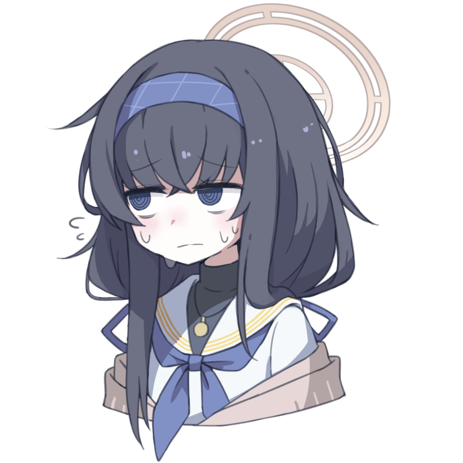 1girl, @_@, aki_inu, bags_under_eyes, black_hair, blue_archive, blue_eyes, blue_hairband, blue_neckerchief, closed_mouth, commentary_request, cropped_torso, hair_between_eyes, hairband, halo, long_hair, looking_to_the_side, neckerchief, sailor_collar, school_uniform, serafuku, simple_background, solo, sweat, ui_(blue_archive), white_background, white_serafuku
