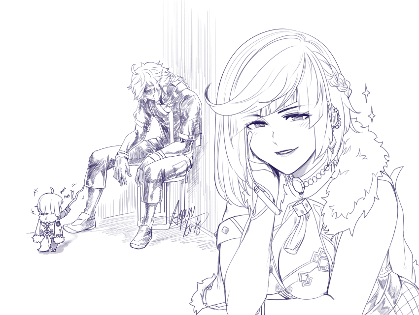 1boy, 2girls, absurdres, aepuru_arts, aether_(genshin_impact), ashita_no_joe, blush, bob_cut, braid, braided_ponytail, chibi, cleavage_cutout, clothing_cutout, coat, dice, father_and_child, father_and_daughter, fishnets, fur-trimmed_coat, fur_trim, genshin_impact, highres, meme, monochrome, mother_and_child, mother_and_daughter, multiple_girls, parent_and_child, parody, signature, smile, yabuki_joe_in_a_chair_(meme), yelan_(genshin_impact)