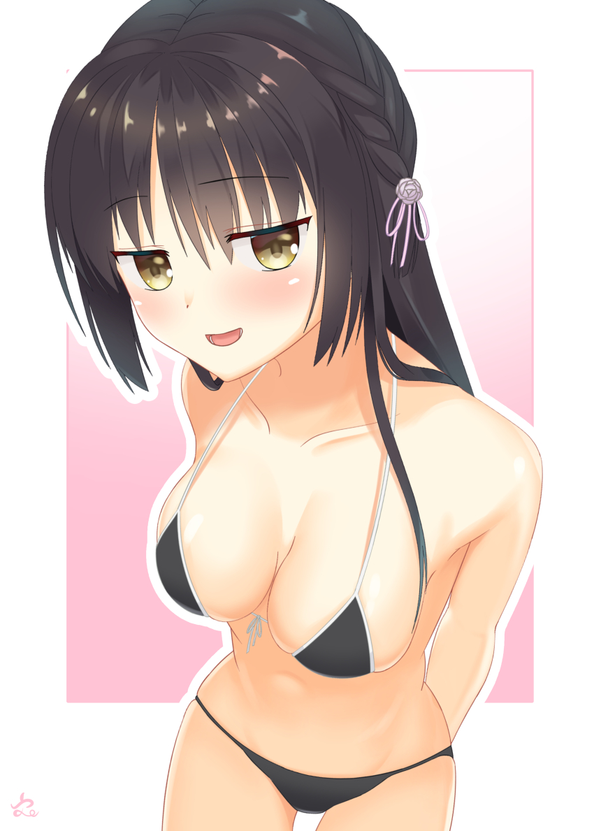 1girl, absurdres, arms_behind_back, bare_shoulders, bikini, black_bikini, black_hair, blush