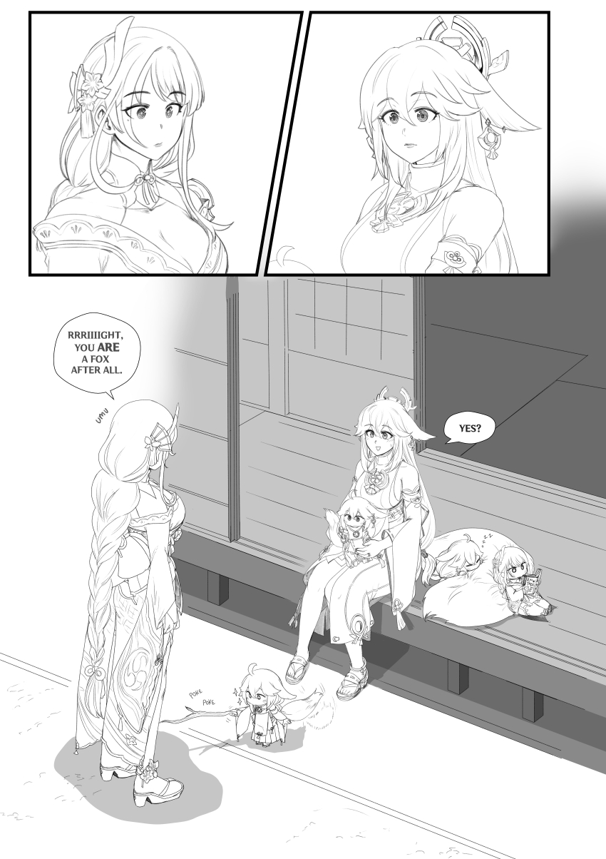 absurdres, aepuru_arts, animal_ears, braid, chibi, cleavage_cutout, clothing_cutout, earrings, english_text, fox_ears, fox_girl, fox_tail, genshin_impact, hair_ornament, half-siblings, highres, japanese_clothes, jewelry, long_hair, low-braided_long_hair, low-tied_long_hair, mole, mole_under_eye, monochrome, mother_and_child, mother_and_daughter, multiple_girls, okobo, parent_and_child, platform_sandals, raiden_shogun, sandals, shouji, sliding_doors, tail, yae_miko