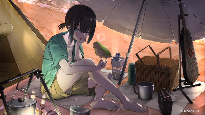 1girl, absurdres, animal, barefoot, basket, beach, bird, black_hair, blue_eyes, blush, campfire, cooking_pot, cup, food, haowei_wu, highres, instrument, kouitu_sin, looking_at_viewer, marshmallow, nkshoujo, open_mouth, outdoors, parasol, plastic_bottle, ponytail, radio, shorts, sitting, solo, teeth, tent, umbrella, virtual_youtuber