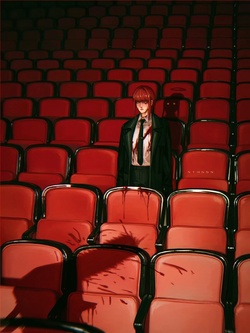 1boy, 1girl, absurdres, artist_name, black_coat, black_necktie, black_pants, blood