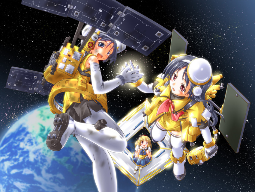 3girls, akatsuki_(satellite), akatsuki_(spacecraft), blouse, blue_eyes, blue_hair, boots, bracelet, bruise, dress, elbow_gloves, gloves, hat, hayabusa_(spacecraft), ikaros_(satellite), ikaros_(spacecraft), injury, jewelry, long_hair, mecha_musume, multiple_girls, muranako, personification, red_eyes, satellite, school_uniform, serafuku, shirt, short_hair, shorts, skirt, sleeveless, spacecraft, tears, thigh_boots, thighhighs