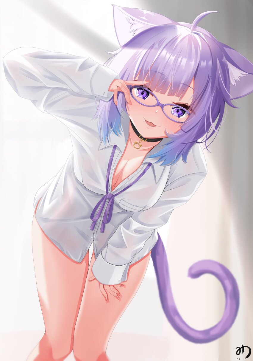 1girl, :3, adjusting_eyewear, ahoge, animal_collar, animal_ear_fluff, animal_ears, black_collar, blush, breast_pocket, breasts, cat_ears, cat_girl, cat_tail, cleavage, collar, collarbone, downblouse, hand_on_own_thigh, highres, hololive, large_breasts, leaning_forward, light_blush, long_sleeves, looking_at_viewer, medium_hair, muutsu_(maxwell0916), naked_shirt, nekomata_okayu, nekomata_okayu_(oversized_shirt), pocket, purple-framed_eyewear, purple_eyes, purple_hair, purple_ribbon, ribbon, shirt, smile, solo, tail, virtual_youtuber, white_shirt