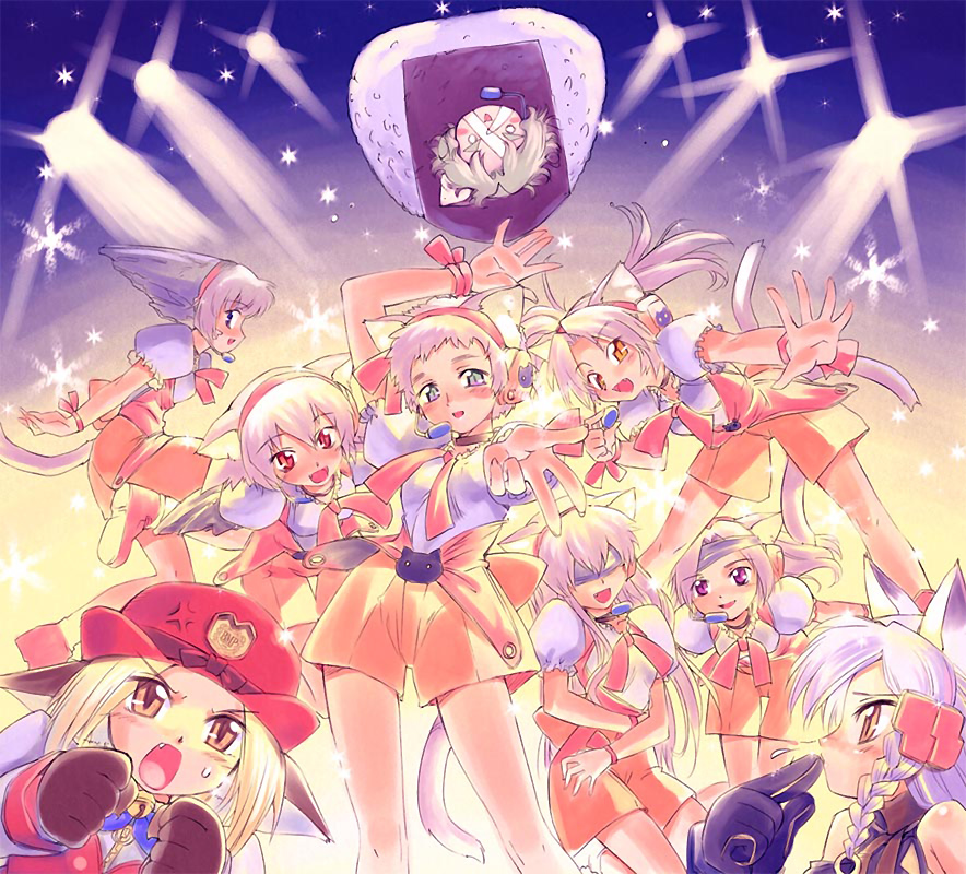 6+girls, animal_ears, blindfold, bottom_(cannonball), braid, cannonball_~neko_neko_machine_mou-race!~, cat_ears, cat_tail